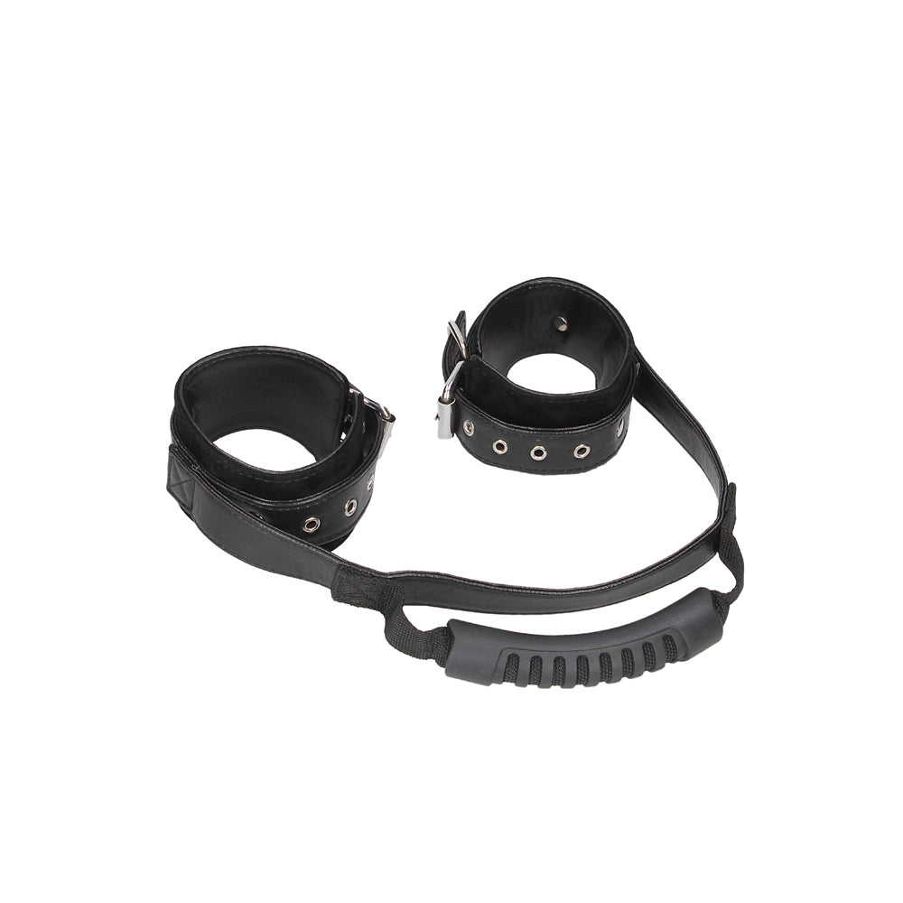 SHOTS - OUCH! BLACK & WHITE ADJUSTABLE BONDED LEATHER WRIST CUFFS WITH HANDLE BLACK