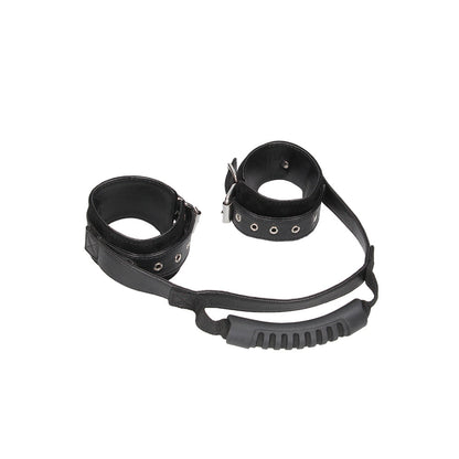 SHOTS - OUCH! BLACK & WHITE ADJUSTABLE BONDED LEATHER WRIST CUFFS WITH HANDLE BLACK