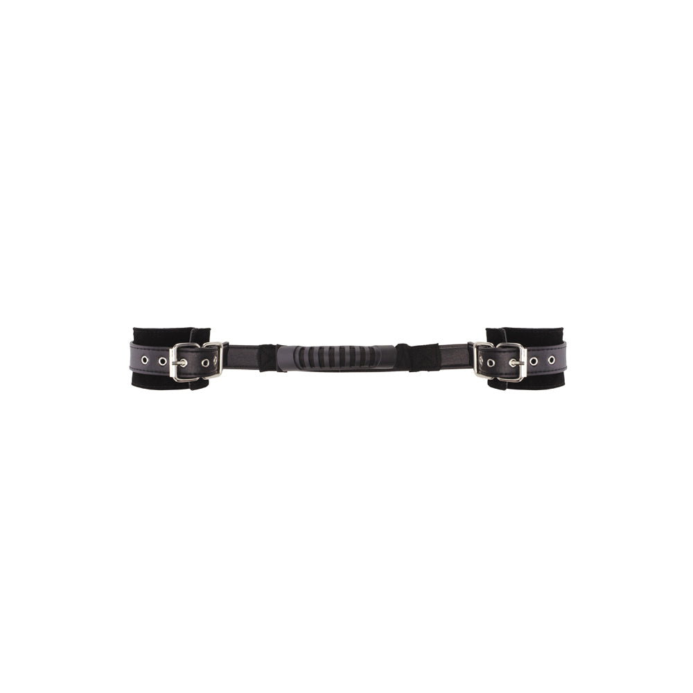SHOTS - OUCH! BLACK & WHITE ADJUSTABLE BONDED LEATHER WRIST CUFFS WITH HANDLE BLACK