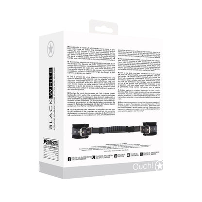 SHOTS - OUCH! BLACK & WHITE ADJUSTABLE BONDED LEATHER WRIST CUFFS WITH HANDLE BLACK
