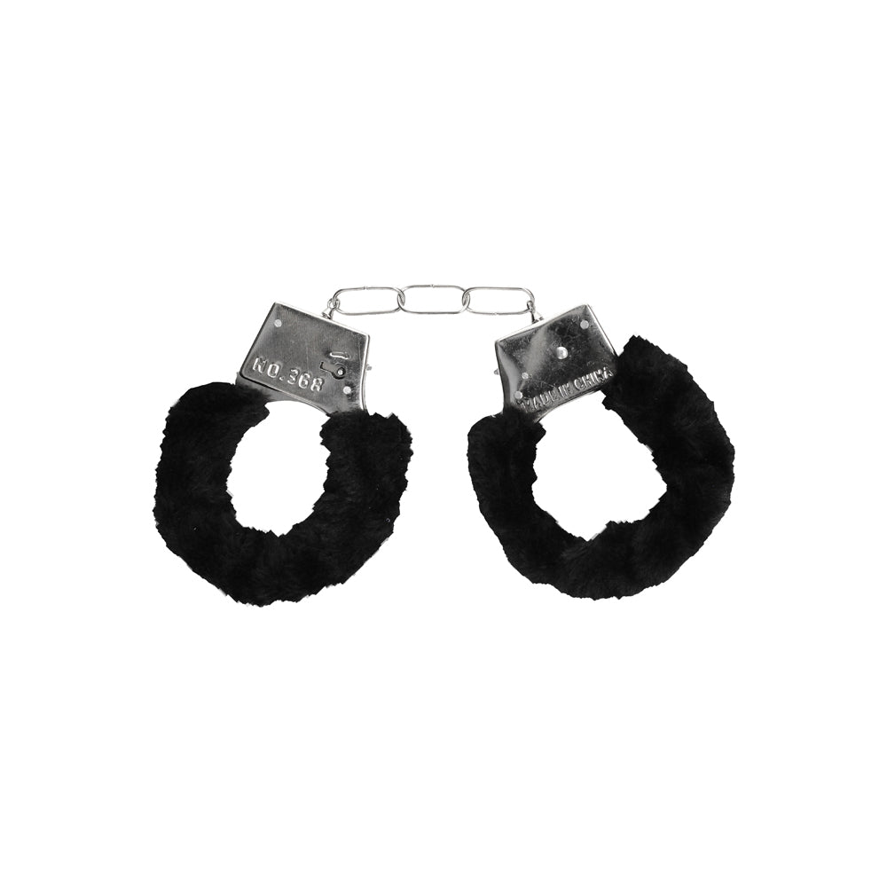 SHOTS - OUCH! BLACK & WHITE PLEASURE FURRY HANDCUFFS WITH QUICK-RELEASE BUTTON
