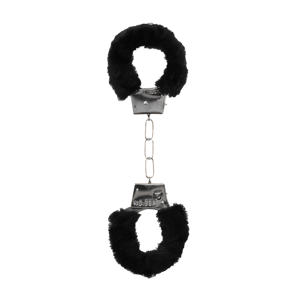 SHOTS - OUCH! BLACK & WHITE PLEASURE FURRY HANDCUFFS WITH QUICK-RELEASE BUTTON