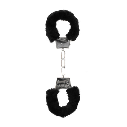SHOTS - OUCH! BLACK & WHITE PLEASURE FURRY HANDCUFFS WITH QUICK-RELEASE BUTTON