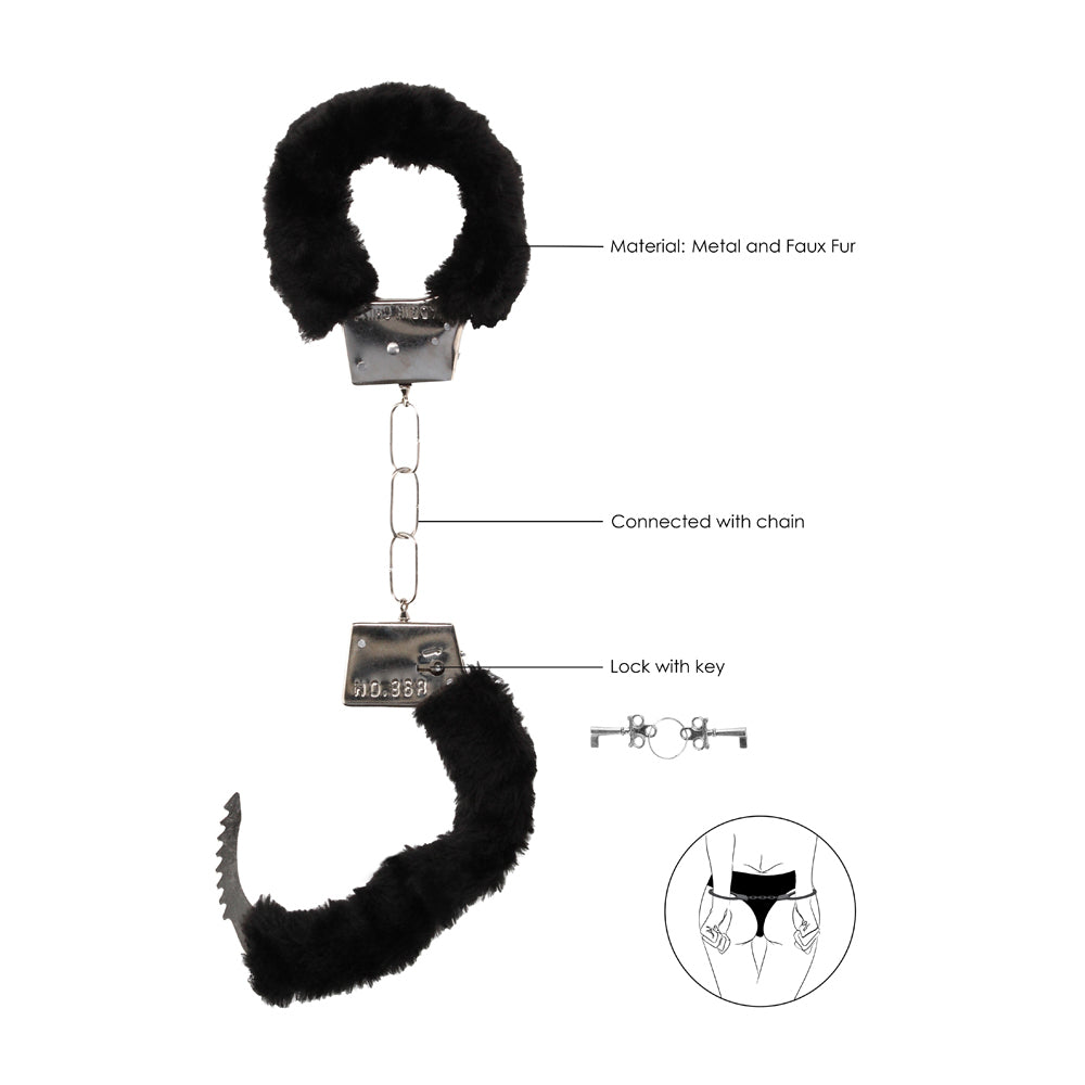 SHOTS - OUCH! BLACK & WHITE PLEASURE FURRY HANDCUFFS WITH QUICK-RELEASE BUTTON
