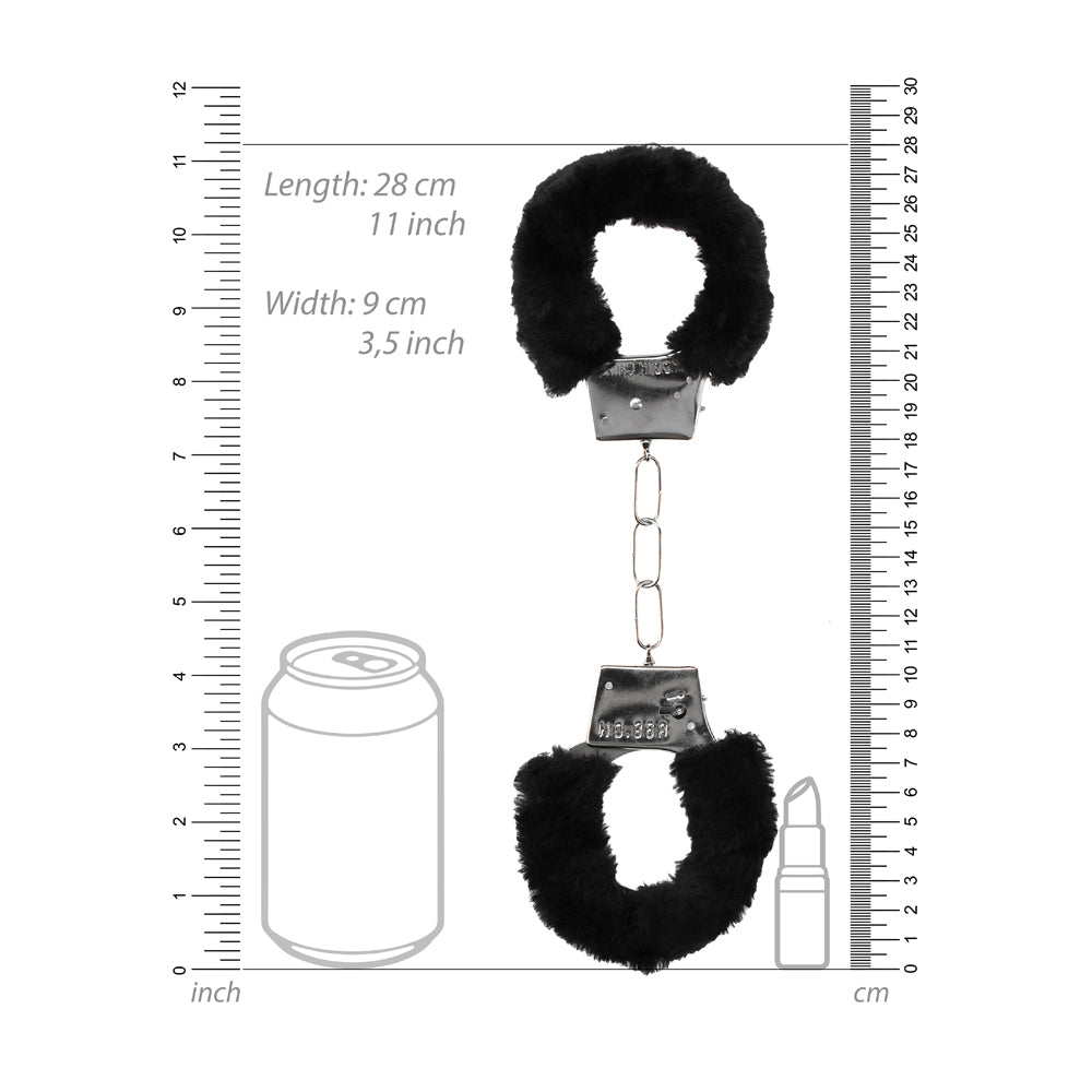 SHOTS - OUCH! BLACK & WHITE PLEASURE FURRY HANDCUFFS WITH QUICK-RELEASE BUTTON