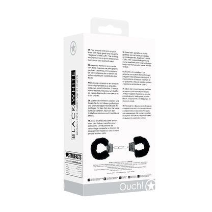 SHOTS - OUCH! BLACK & WHITE PLEASURE FURRY HANDCUFFS WITH QUICK-RELEASE BUTTON
