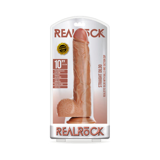 SHOTS - REALROCK REALISTIC 10 IN. STRAIGHT DILDO WITH BALLS AND SUCTION CUP TAN