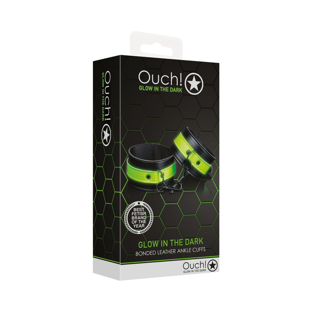 SHOTS - OUCH! GLOW IN THE DARK BONDED LEATHER HANDCUFFS NEON GREEN