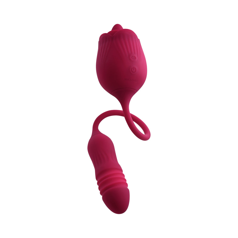 EVOLVED - WILD ROSE RECHARGEABLE DUAL-ENDED SILICONE THRUSTING EGG & FLICKING TONGUE VIBRATOR RED