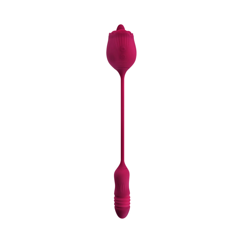 EVOLVED - WILD ROSE RECHARGEABLE DUAL-ENDED SILICONE THRUSTING EGG & FLICKING TONGUE VIBRATOR RED
