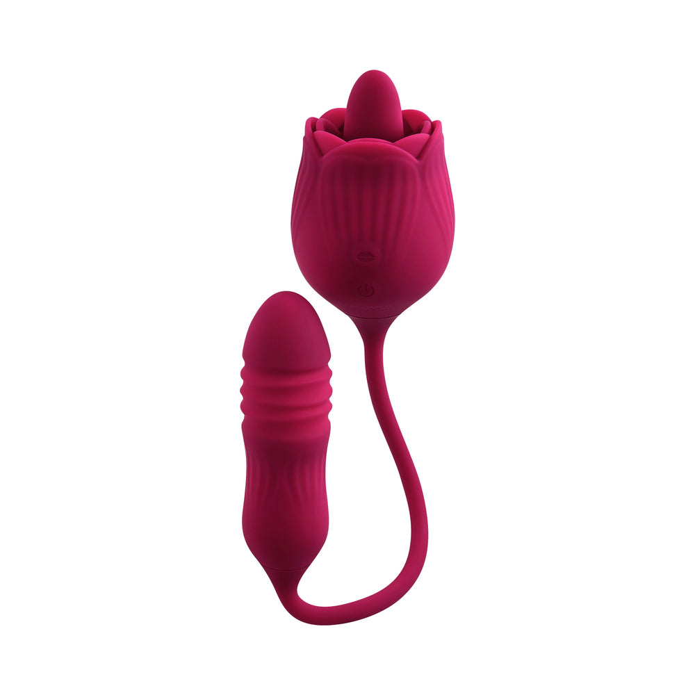 EVOLVED - WILD ROSE RECHARGEABLE DUAL-ENDED SILICONE THRUSTING EGG & FLICKING TONGUE VIBRATOR RED