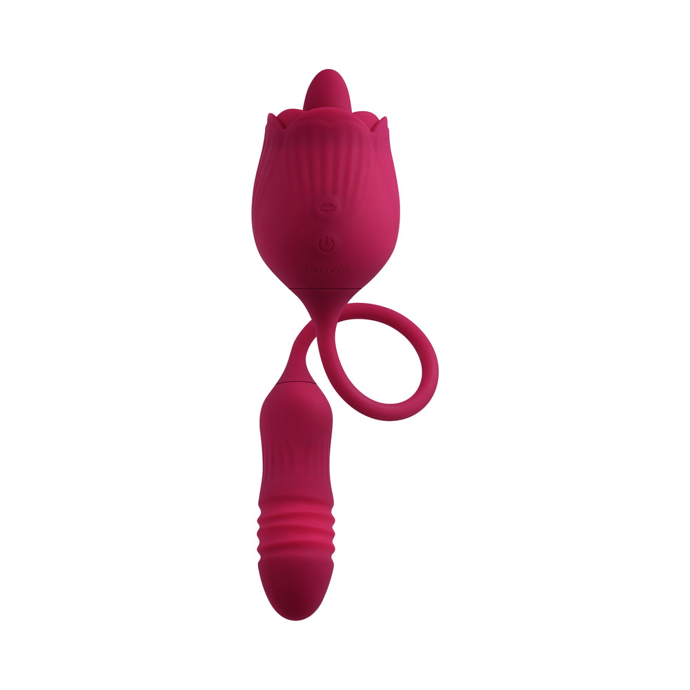EVOLVED - WILD ROSE RECHARGEABLE DUAL-ENDED SILICONE THRUSTING EGG & FLICKING TONGUE VIBRATOR RED