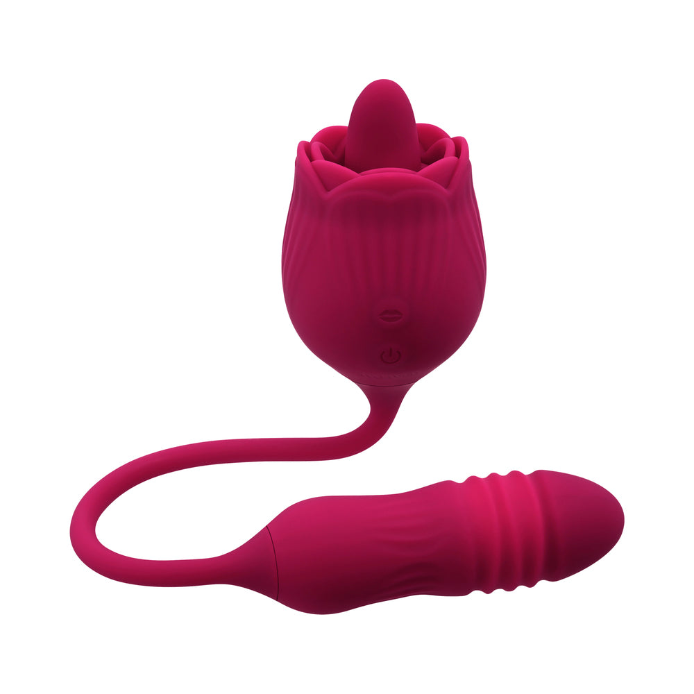 EVOLVED - WILD ROSE RECHARGEABLE DUAL-ENDED SILICONE THRUSTING EGG & FLICKING TONGUE VIBRATOR RED