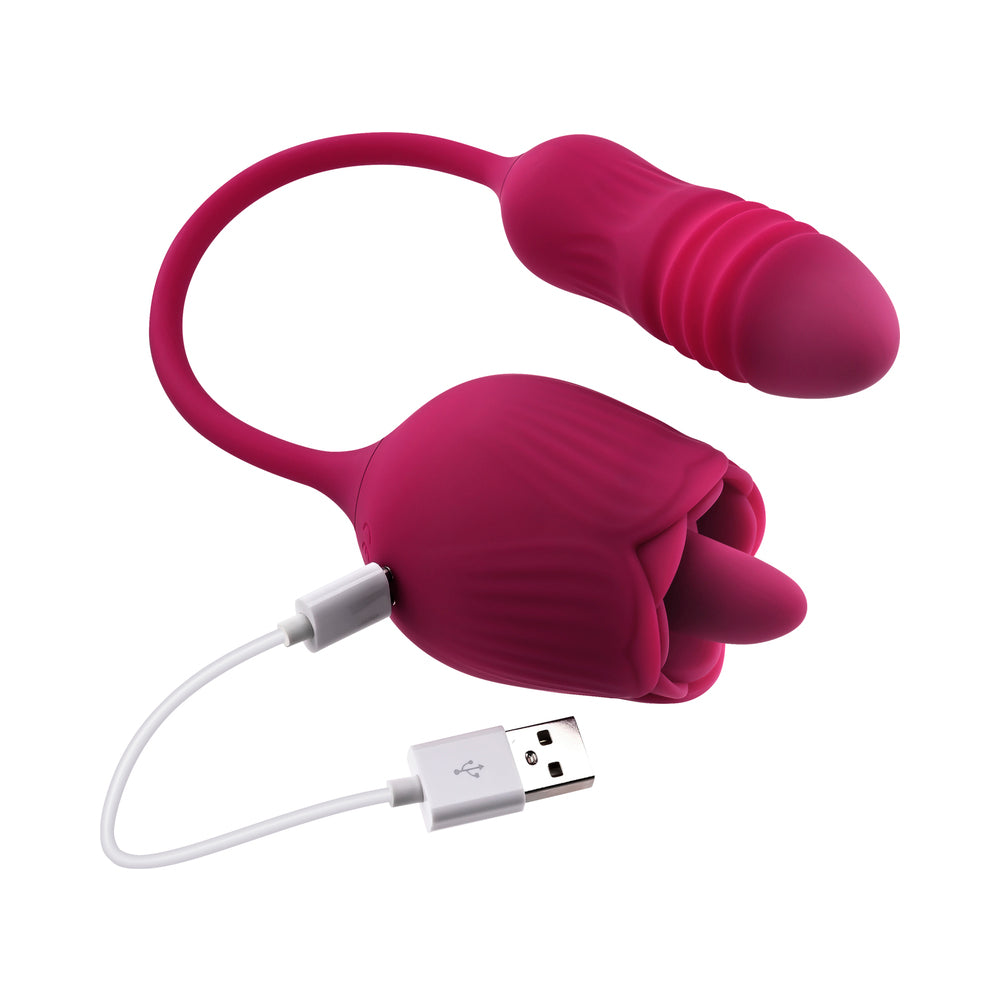 EVOLVED - WILD ROSE RECHARGEABLE DUAL-ENDED SILICONE THRUSTING EGG & FLICKING TONGUE VIBRATOR RED