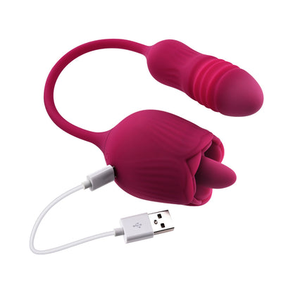 EVOLVED - WILD ROSE RECHARGEABLE DUAL-ENDED SILICONE THRUSTING EGG & FLICKING TONGUE VIBRATOR RED