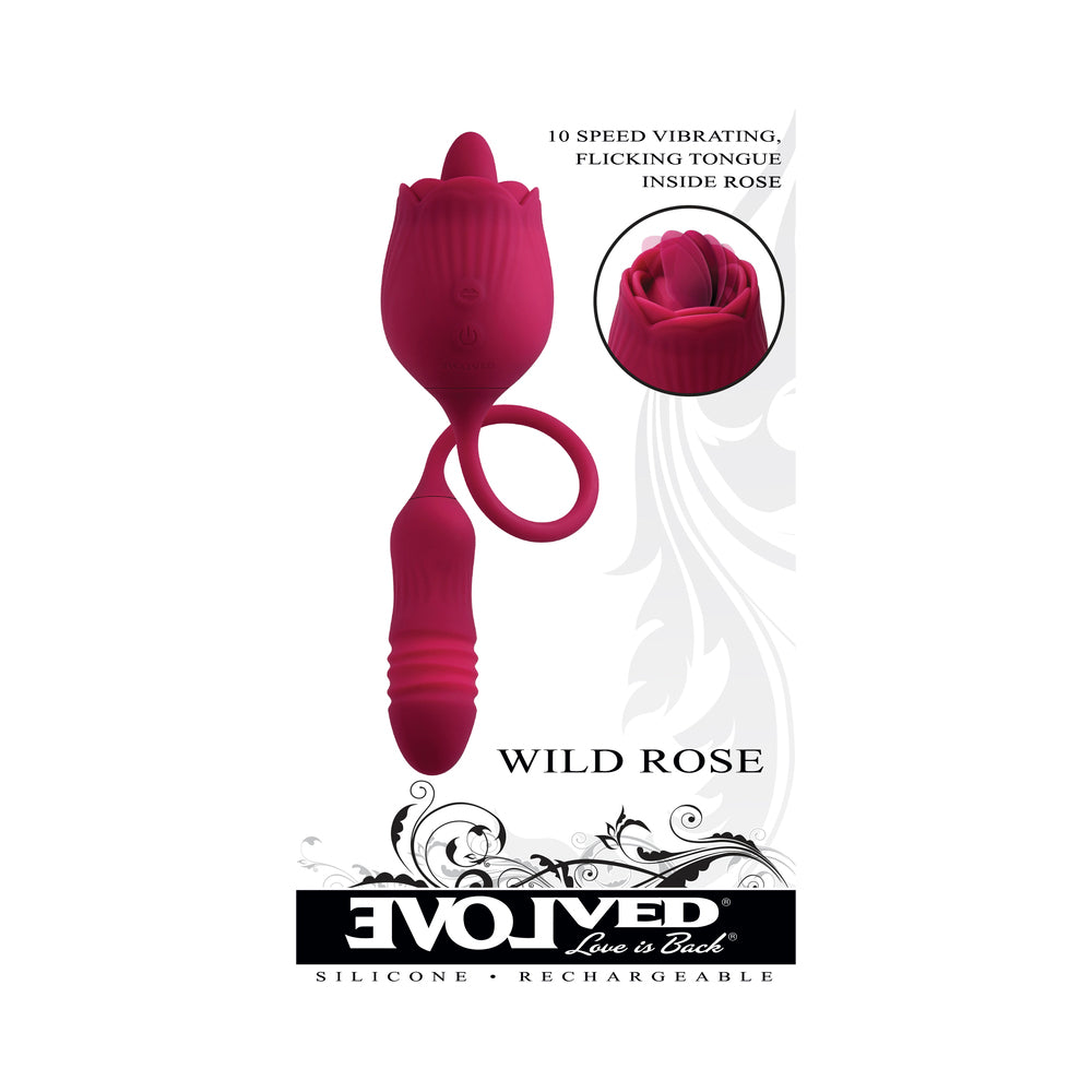 EVOLVED - WILD ROSE RECHARGEABLE DUAL-ENDED SILICONE THRUSTING EGG & FLICKING TONGUE VIBRATOR RED