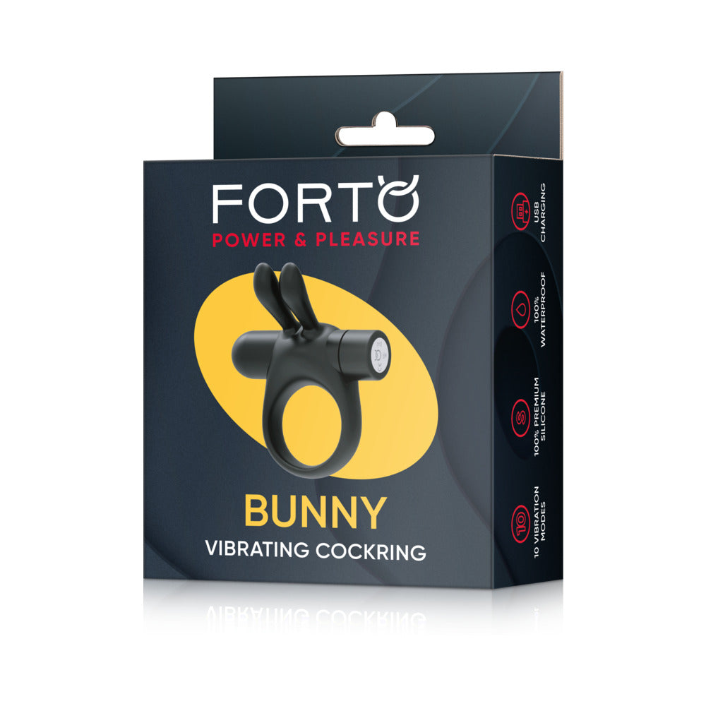 FORTO - BUNNY RECHARGEABLE SILICONE VIBRATING COCKRING WITH STIMULATING EARS BLACK