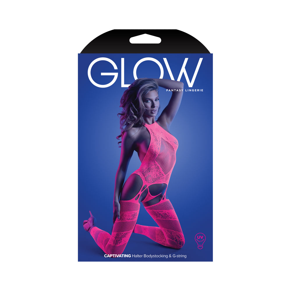 FANTASY LINGERIE - GLOW CAPTIVATING HIGH NECK HALTER BODYSTOCKING & G STRING SET NEON