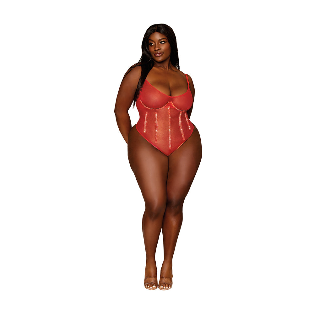 DREAMGIRL - FOILED STRETCH MESH TEDDY WITH RHINESTONE DETAILING AND HEAT SEALED EDGES RUBY