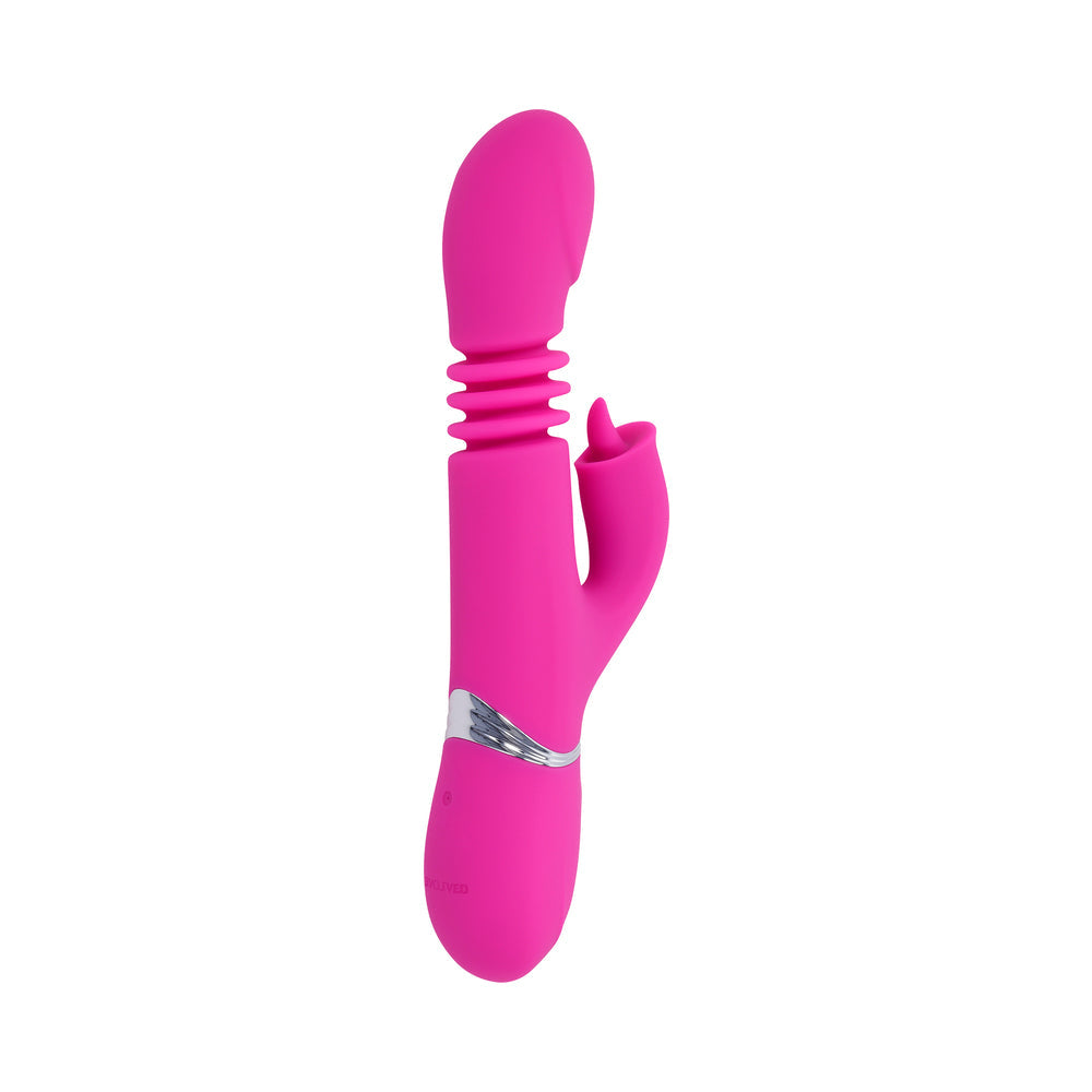 EVOLVED - PINK DRAGON RECHARGEABLE THRUSTING DUAL STIMULATOR SILICONE PINK