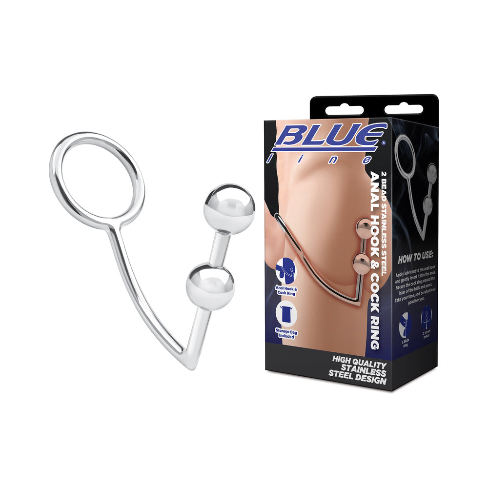 ELECTRIC EEL - BLUE LINE 2 BEAD STAINLESS STEEL ANAL HOOK & COCK RING