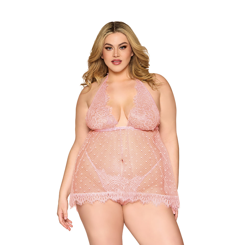 DREAMGIRL - BABYDOLL E FIO-DENTAL EM RENDA E TULE COM ÀS BOLINHAS ROSE QUARTZ 1XL