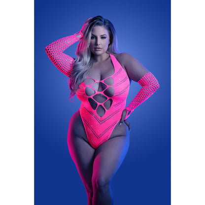 FANTASY LINGERIE - GLOW FLASHBACK UV REACTIVE RHINESTONE FISHNET TEDDY & GLOVES WARMERS