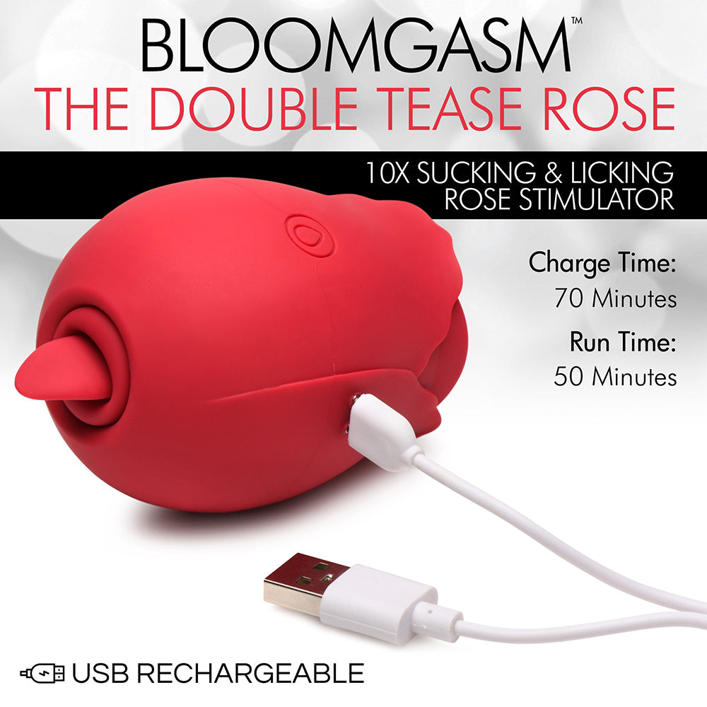 XR BRANDS - BLOOMGASM THE DOUBLE TEASE ROSE ESTIMULADOR EM FORMA DE ROSA COM 10 FUNÇÕES DE SUCÇÃO E LAMBEDURA