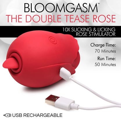 XR BRANDS - BLOOMGASM THE DOUBLE TEASE ROSE ESTIMULADOR EM FORMA DE ROSA COM 10 FUNÇÕES DE SUCÇÃO E LAMBEDURA