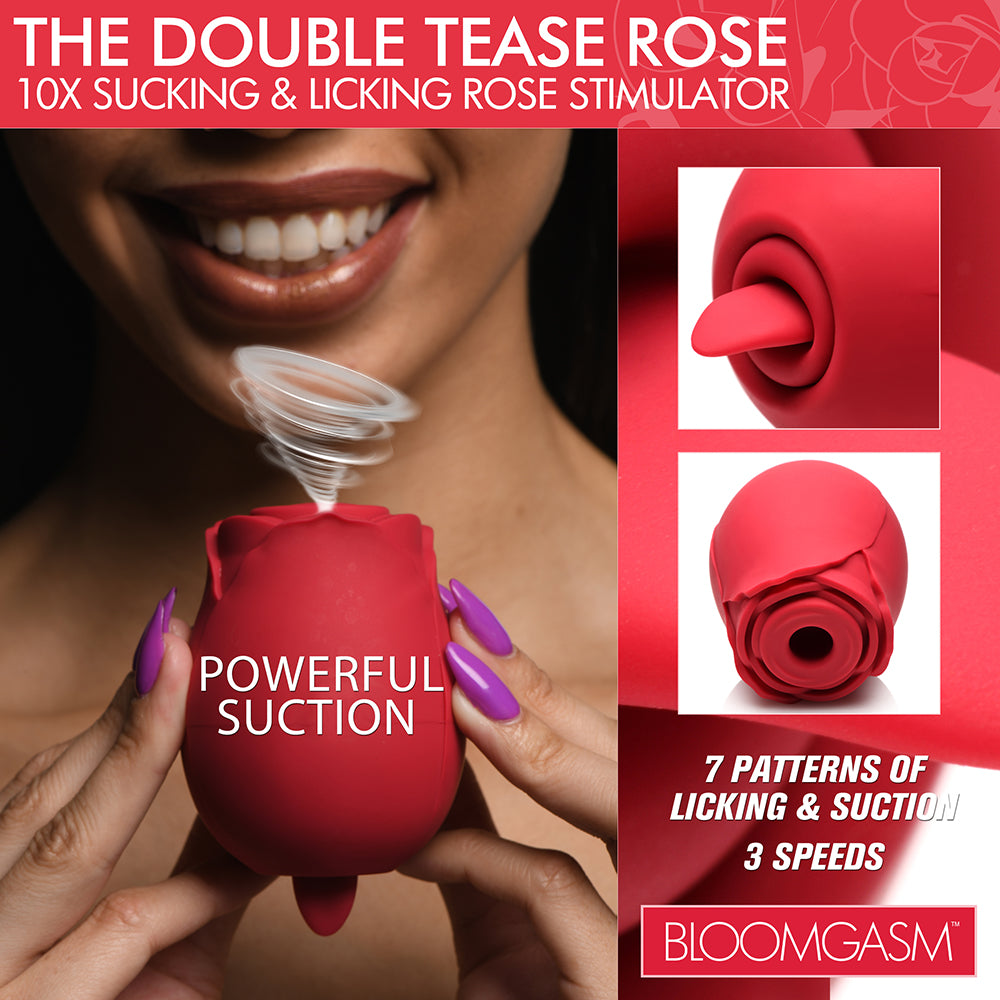 XR BRANDS - BLOOMGASM THE DOUBLE TEASE ROSE ESTIMULADOR EM FORMA DE ROSA COM 10 FUNÇÕES DE SUCÇÃO E LAMBEDURA