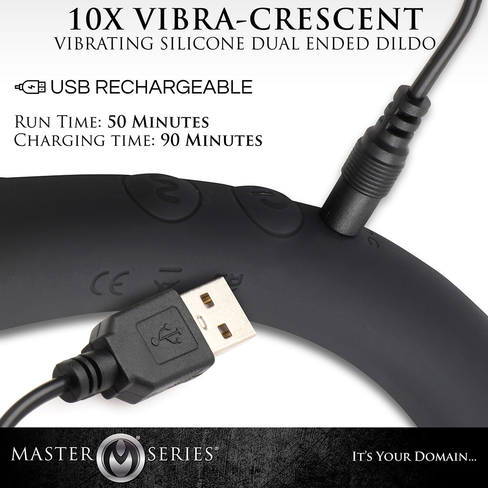 XR BRANDS - MASTER SERIES 10X VIBRA-CRESCENT DILDO VIBRATÓRIO DE SILICONE COM DUPLA EXTREMIDADE PRETO