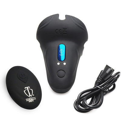 XR BRANDS - TRINITY MEN 10X SILICONE COCK & BALL RING WITH TAINT STIM AND REMOTE CONTROL