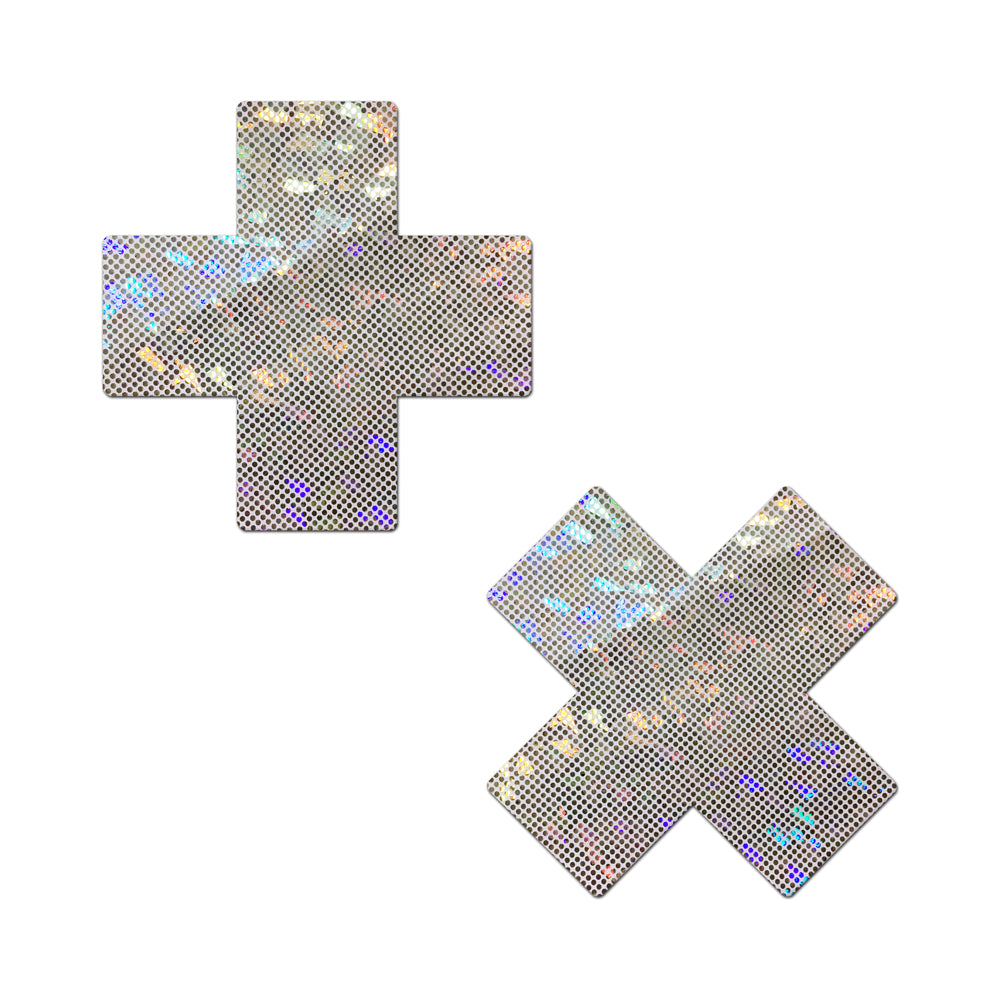 PASTEASE - PLUS X SHATTERED GLASS DISCO BALL GLITTER WHITE CROSS NIPPLE PASTIES