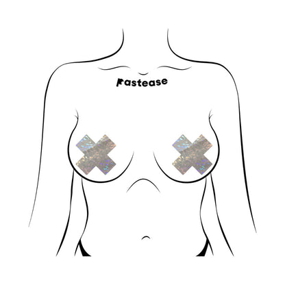 PASTEASE - PLUS X SHATTERED GLASS DISCO BALL GLITTER WHITE CROSS NIPPLE PASTIES