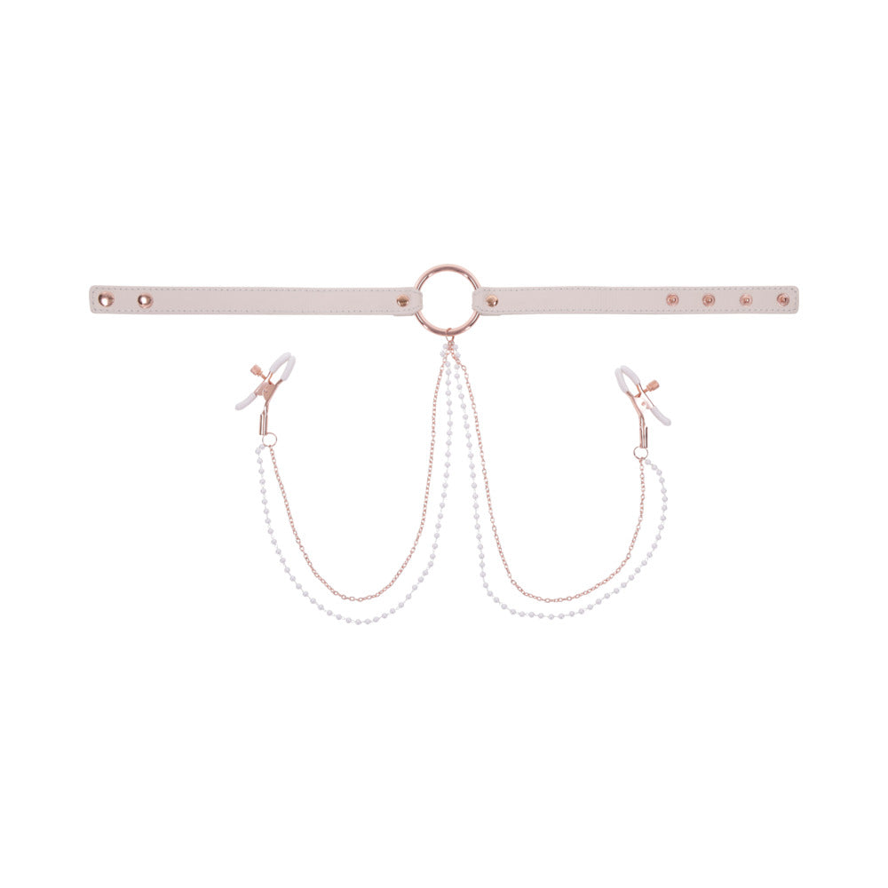 SPORTSHEETS - SEX & MISCHIEF PEACHES 'N CREAME COLLAR WITH NIPPLE CLAMPS