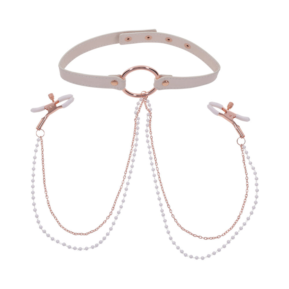 SPORTSHEETS - SEX & MISCHIEF PEACHES 'N CREAME COLLAR WITH NIPPLE CLAMPS