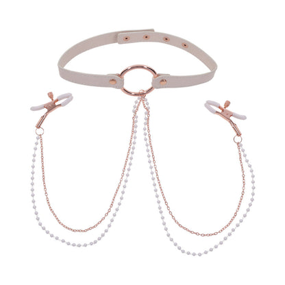 SPORTSHEETS - SEX & MISCHIEF PEACHES 'N CREAME COLLAR WITH NIPPLE CLAMPS