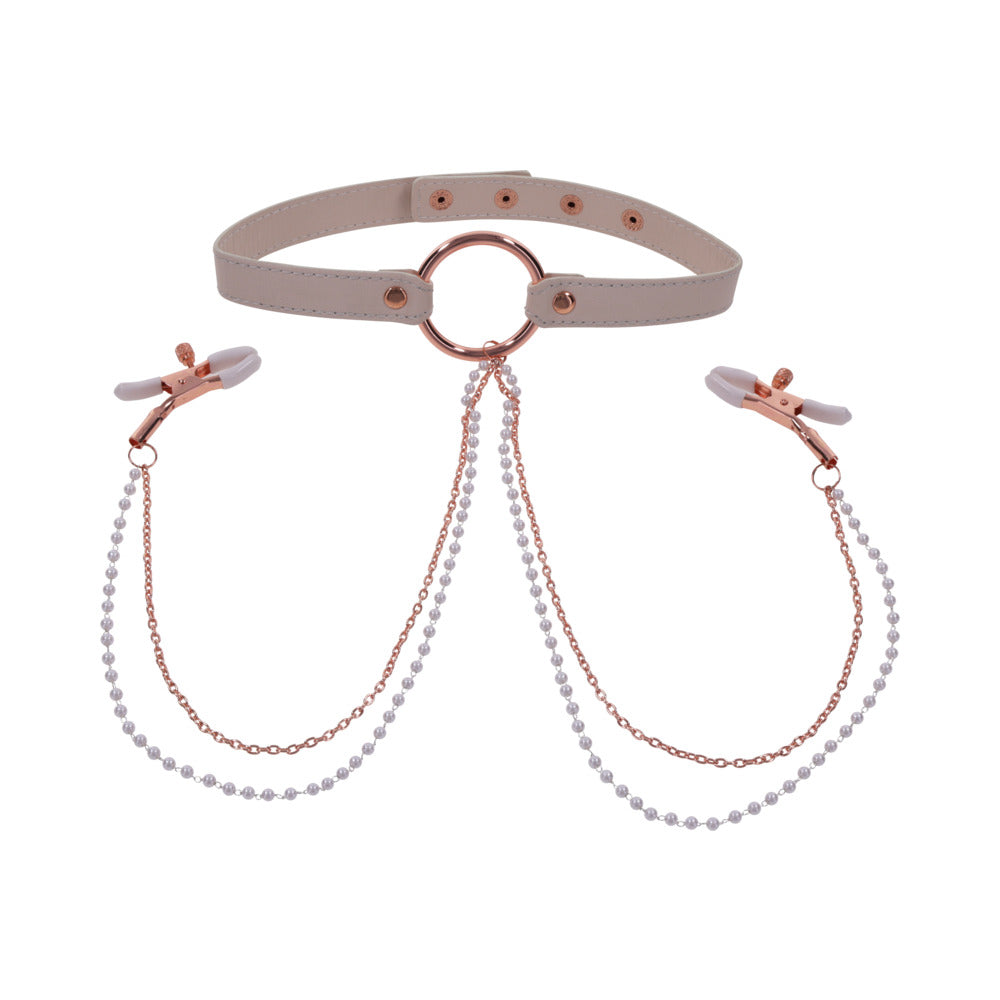SPORTSHEETS - SEX & MISCHIEF PEACHES 'N CREAME COLLAR WITH NIPPLE CLAMPS