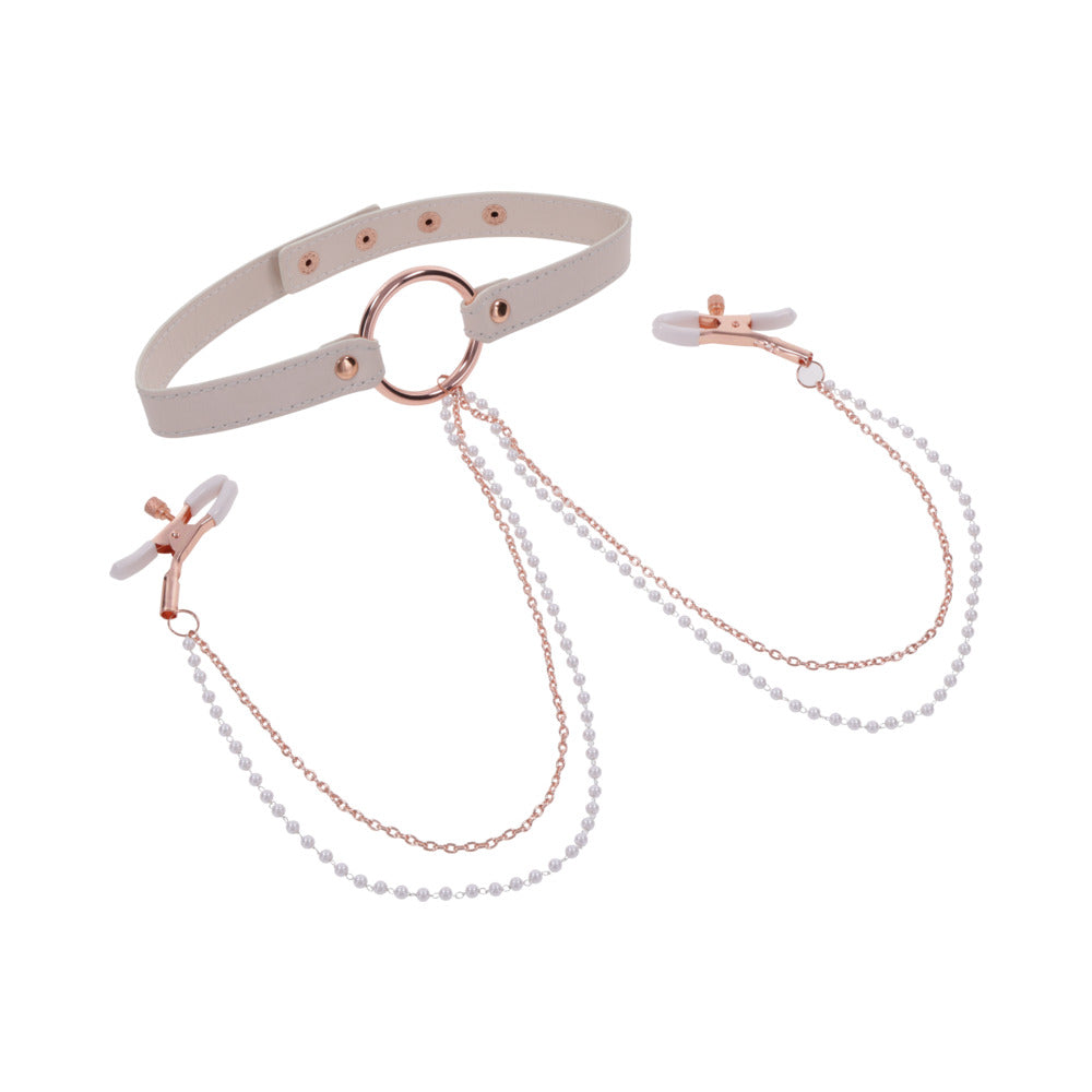 SPORTSHEETS - SEX & MISCHIEF PEACHES 'N CREAME COLLAR WITH NIPPLE CLAMPS