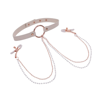 SPORTSHEETS - SEX & MISCHIEF PEACHES 'N CREAME COLLAR WITH NIPPLE CLAMPS