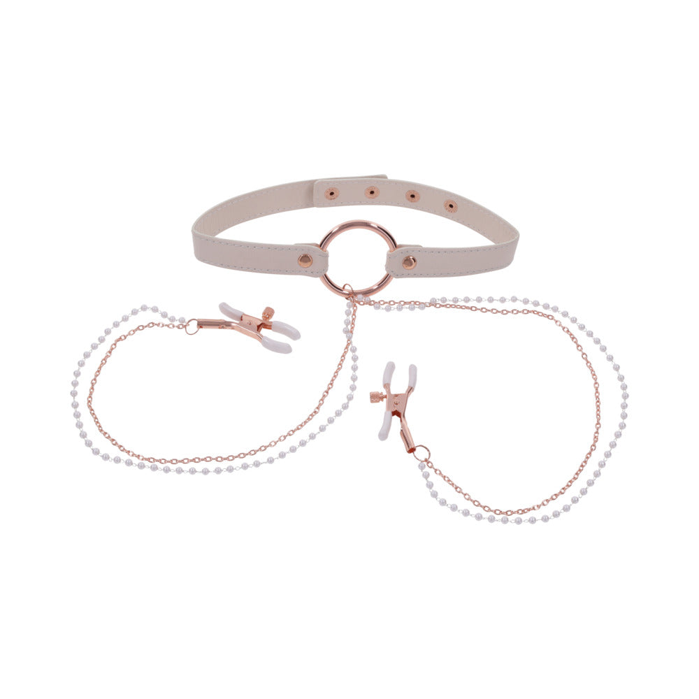 SPORTSHEETS - SEX & MISCHIEF PEACHES 'N CREAME COLLAR WITH NIPPLE CLAMPS
