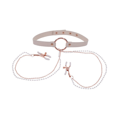 SPORTSHEETS - SEX & MISCHIEF PEACHES 'N CREAME COLLAR WITH NIPPLE CLAMPS