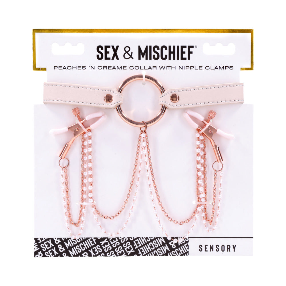 SPORTSHEETS - SEX & MISCHIEF PEACHES 'N CREAME COLLAR WITH NIPPLE CLAMPS