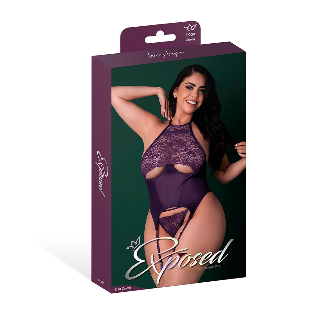 MAGIC SILK - LEATHER & LACE LACE CUP BASQUE & SPLIT CROTCH PANTY SET PLUM QUEEN SIZE