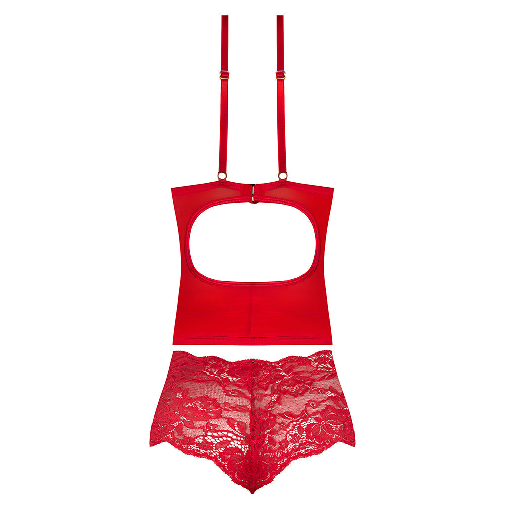 MAGIC SILK - SUGAR HIGH PLUNGE BUSTIER & BOY SHORT SET RED QUEEN SIZE
