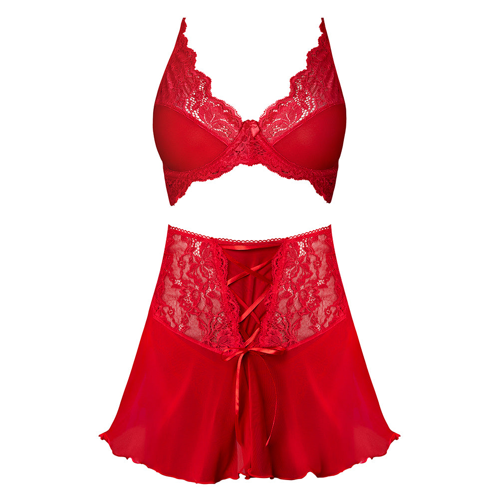MAGIC SILK - SUGAR HIGH BRALETTE, CINCHER SKIRT & THONG SET RED QUEEN SIZE