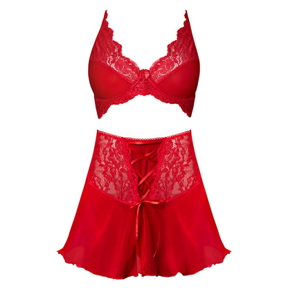 MAGIC SILK - SUGAR HIGH BRALETTE, CINCHER SKIRT & THONG SET RED QUEEN SIZE