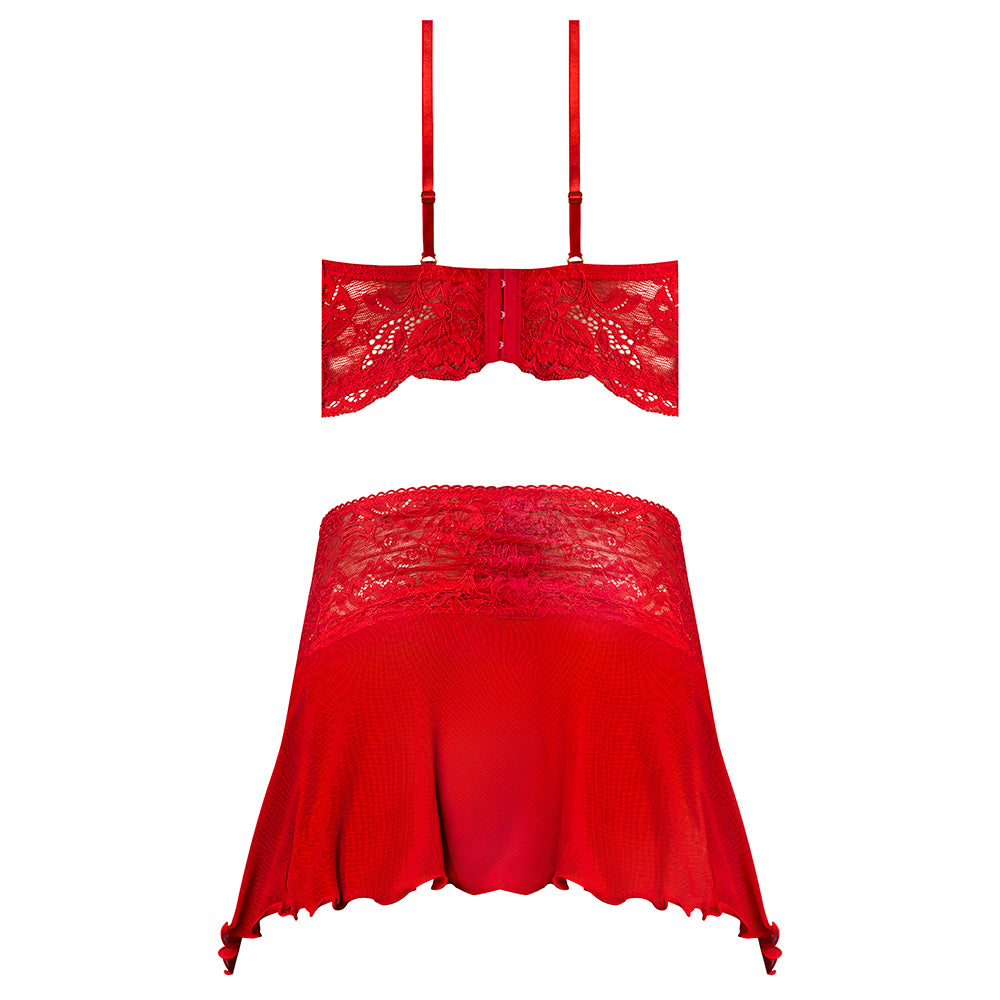 MAGIC SILK - SUGAR HIGH BRALETTE, CINCHER SKIRT & THONG SET RED QUEEN SIZE