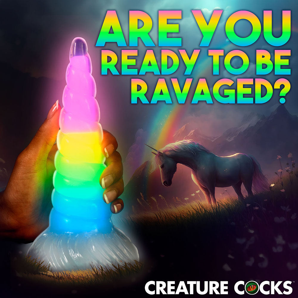 XR BRANDS - CREATURE COCKS UNI-GLOW GLOW-IN-THE-DARK RAINBOW SILICONE DILDO