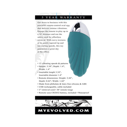 EVOLVED - OVAL OFFICE RECHARGEABLE VIBRATING EGG WITH REMOTE SILICONE TEAL